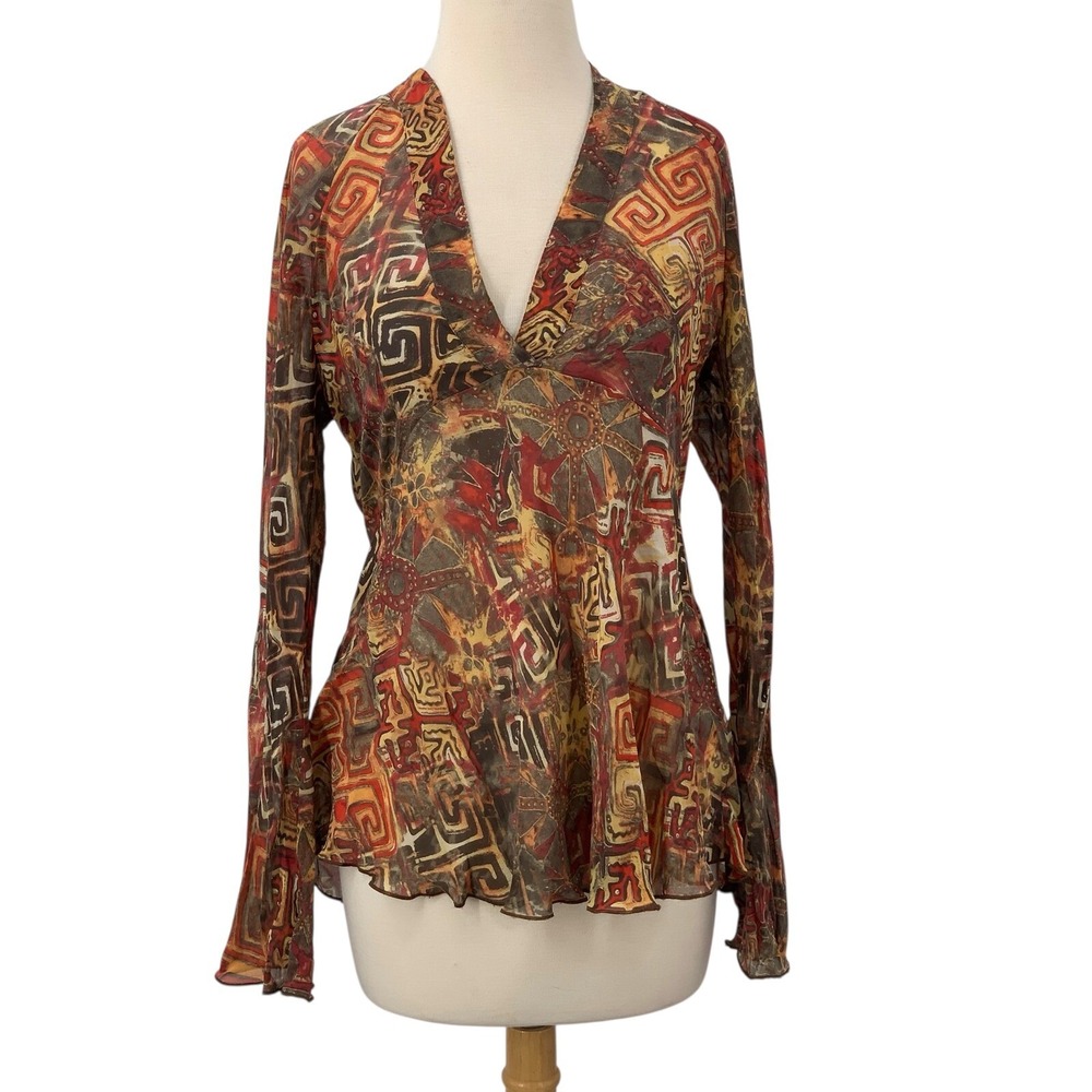 Chico's Womens Long Sleeve V-Neck Sheer Silk Blouse Flowy Top Gold/Red Sz 1/Med